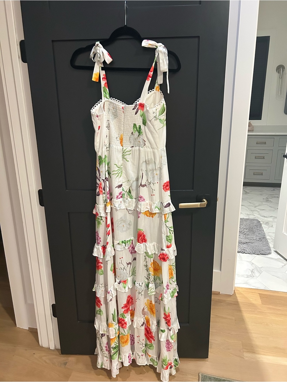 Floral Tie-Shoulder White Maxi Dress with Tiered Ruffles